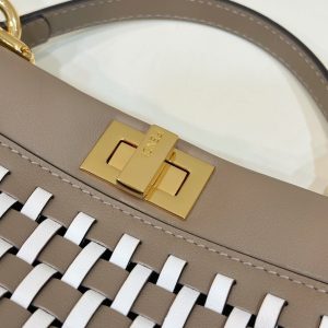 PEEKABOO 24 IN WHITE MIX BROWN INTERLACED CALFSKIN GOLD HARDWARE
