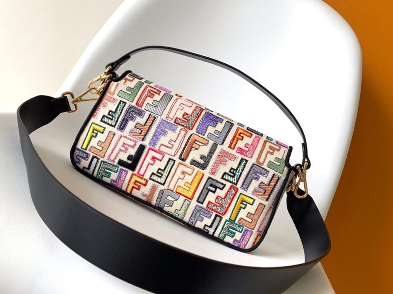 Fendi Baguette Black and Multicolour Canvas Bag 27 with FF Embroidery Ghw