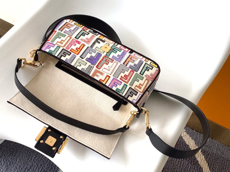 Fendi Baguette Black and Multicolour Canvas Bag 27 with FF Embroidery Ghw