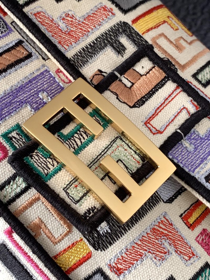 Fendi Baguette Black and Multicolour Canvas Bag 27 with FF Embroidery Ghw