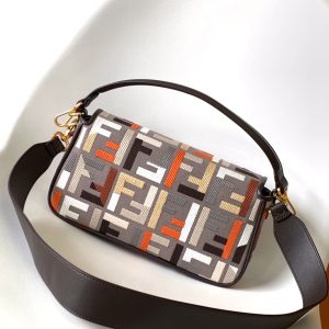 Fendi Baguette Brown and Multicolour Canvas Bag 27 with FF Embroidery Ghw