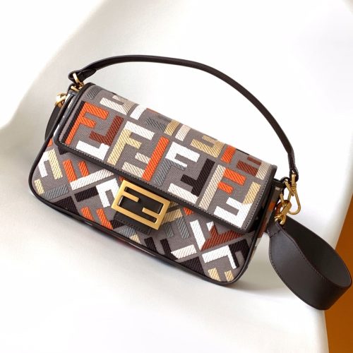 Fendi Baguette Brown and Multicolour Canvas Bag 27 with FF Embroidery Ghw