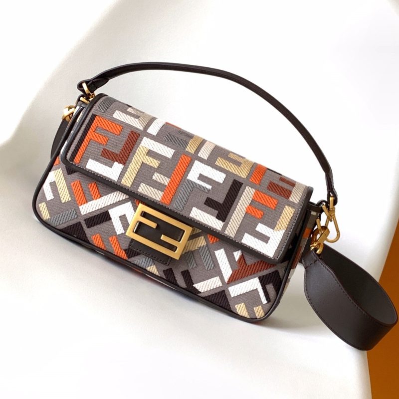 Fendi Baguette Brown and Multicolour Canvas Bag 27 with FF Embroidery Ghw