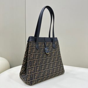 FendiI ORIGAMI LARGE 33 BROWN MIX BLACK FF JACQUARD FABRIC BAG