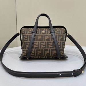 FendiI 27 BAG IN BROWN MIX BLACK JACQUARD FABRIC WITH CALFSKIN