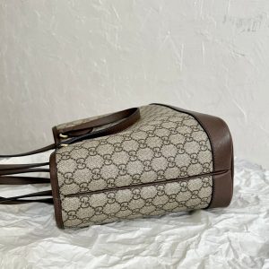 OPHIDIA SMALL TOTE BAG 31 BEIGE CANVAS AND BROWN CALFSKIN