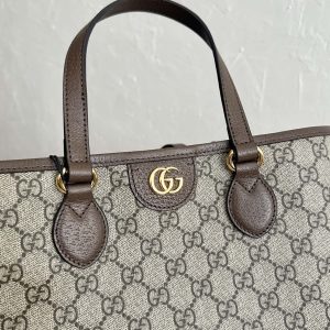 OPHIDIA SMALL TOTE BAG 31 BEIGE CANVAS AND BROWN CALFSKIN