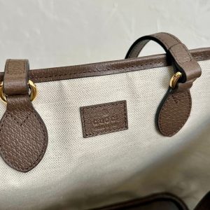 OPHIDIA SMALL TOTE BAG 31 BEIGE CANVAS AND BROWN CALFSKIN
