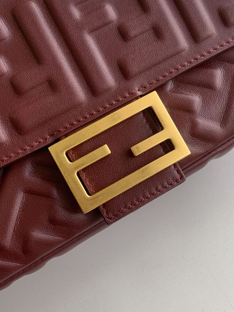 Fendi Baguette 27 Bag With FF Motif Burgundy Leather Ghw