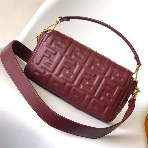 Fendi Baguette 27 Bag With FF Motif Burgundy Leather Ghw