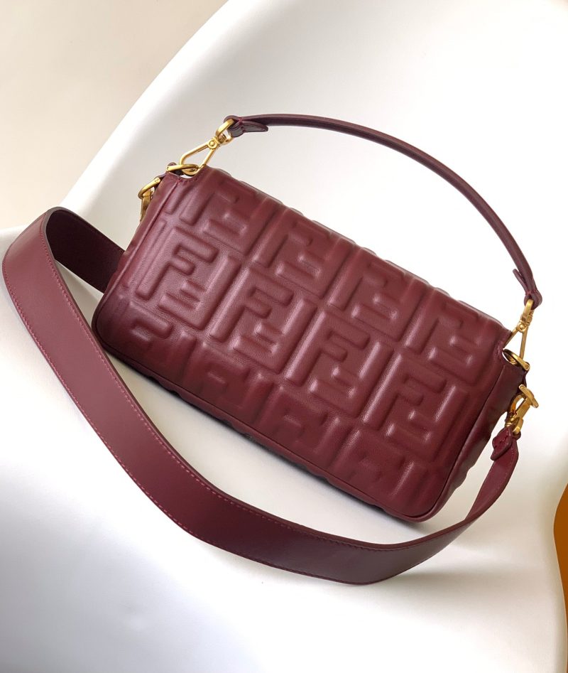 Fendi Baguette 27 Bag With FF Motif Burgundy Leather Ghw