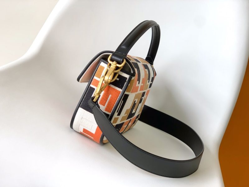 Fendi Baguette Black White Brown Orange Canvas Bag 27 with FF Embroidery Ghw