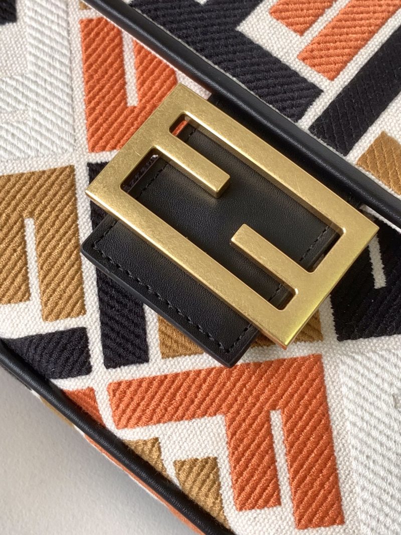 Fendi Baguette Black White Brown Orange Canvas Bag 27 with FF Embroidery Ghw