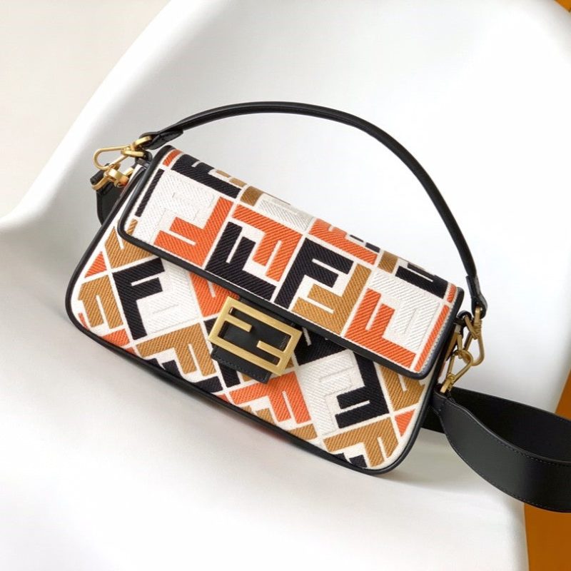 Fendi Baguette Black White Brown Orange Canvas Bag 27 with FF Embroidery Ghw