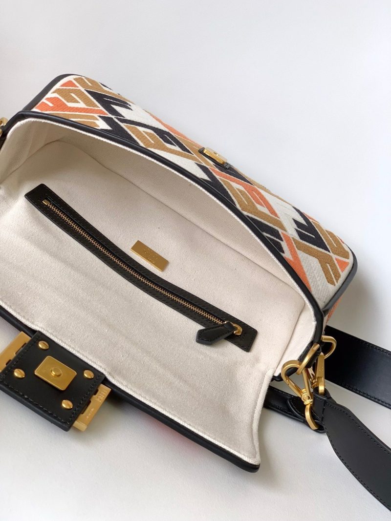 Fendi Baguette Black White Brown Orange Canvas Bag 27 with FF Embroidery Ghw