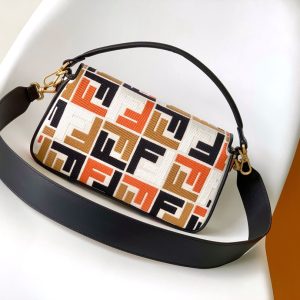 Fendi Baguette Black White Brown Orange Canvas Bag 27 with FF Embroidery Ghw