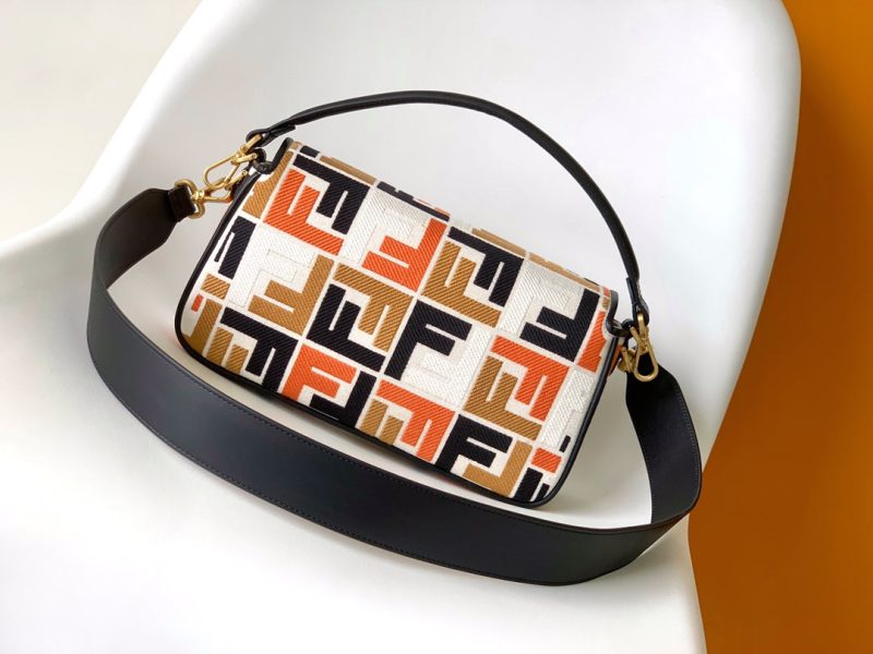 Fendi Baguette Black White Brown Orange Canvas Bag 27 with FF Embroidery Ghw