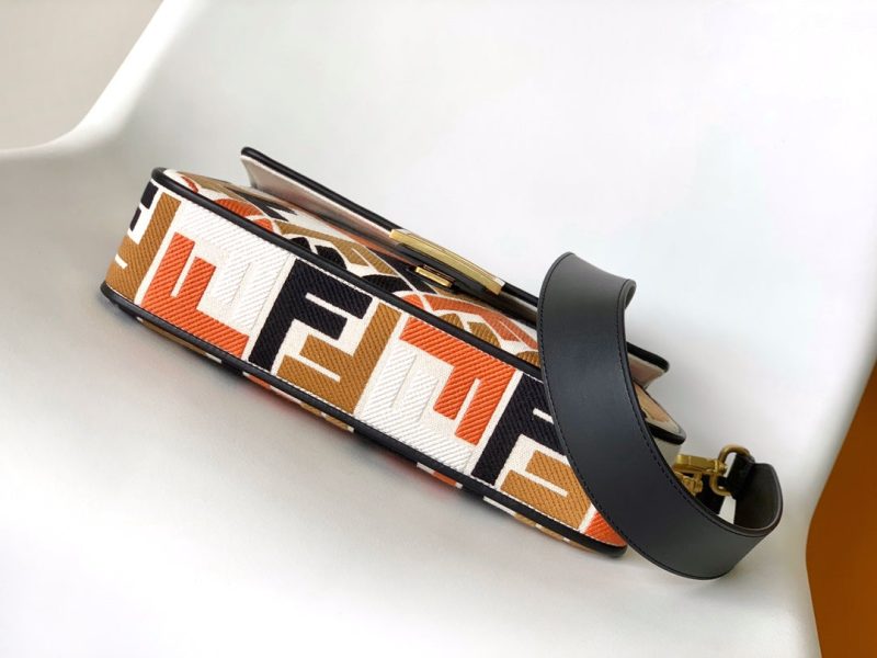 Fendi Baguette Black White Brown Orange Canvas Bag 27 with FF Embroidery Ghw