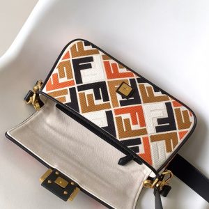 Fendi Baguette Black White Brown Orange Canvas Bag 27 with FF Embroidery Ghw