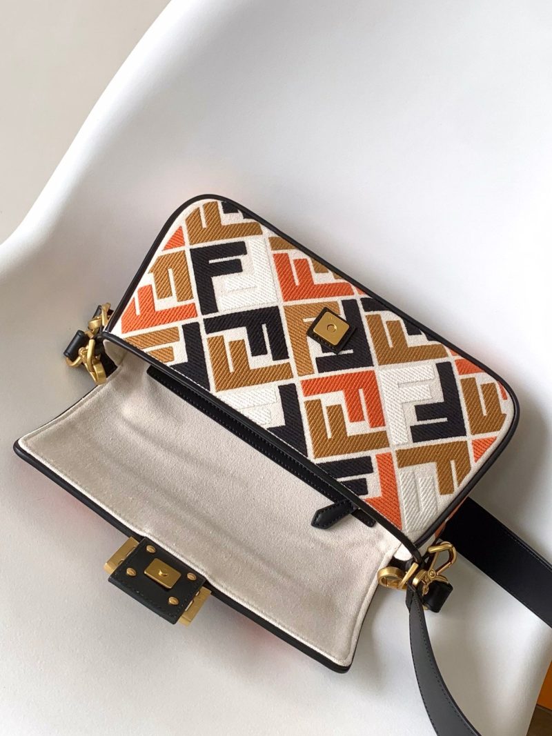 Fendi Baguette Black White Brown Orange Canvas Bag 27 with FF Embroidery Ghw