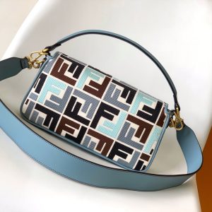 Fendi Baguette Sky Blue and Multicolour Canvas Bag 27 with FF Embroidery Ghw