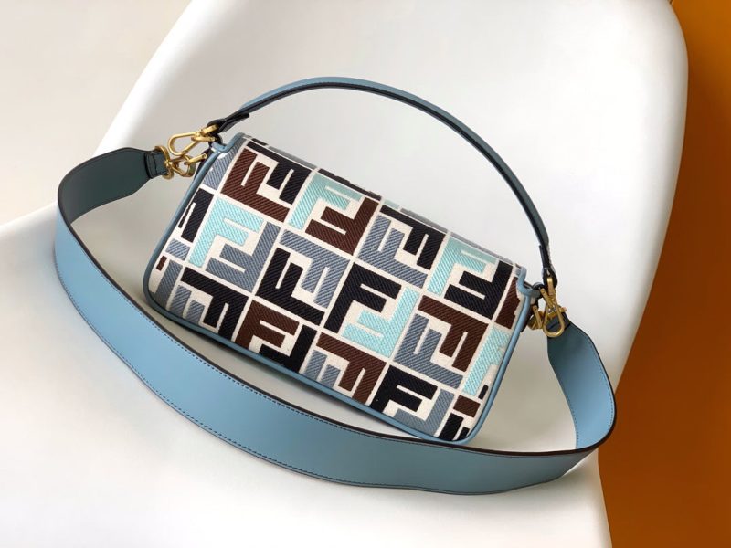 Fendi Baguette Sky Blue and Multicolour Canvas Bag 27 with FF Embroidery Ghw
