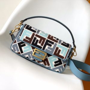 Fendi Baguette Sky Blue and Multicolour Canvas Bag 27 with FF Embroidery Ghw