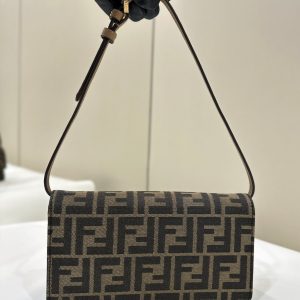 BAGUETTE CHAIN MIDI 21 IN BROWN MIX BLACK MONOGRAM JACQUARD FABRIC BAG