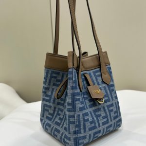 FendiI ORIGAMI MINI 19 IN TRUE BLUE MONOGRAM DENIM WITH CALFSKIN STRAP