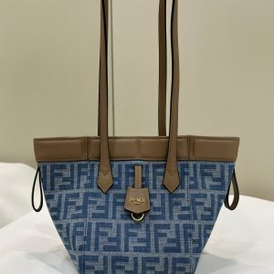 FendiI ORIGAMI MINI 19 IN TRUE BLUE MONOGRAM DENIM WITH CALFSKIN STRAP