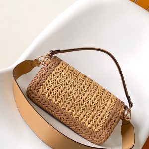 Fendi Baguette 27 Bag Brown Beige Sand interlaced leather Ghw
