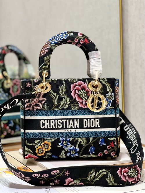 CD Flower Black Lady Dior Bag Canvas 336670