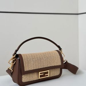 FendiI BAGUETTE 27 BAG IN BEIGE RAFFIA AND BROWN CALFSKIN WITH GOLD HARDWARE