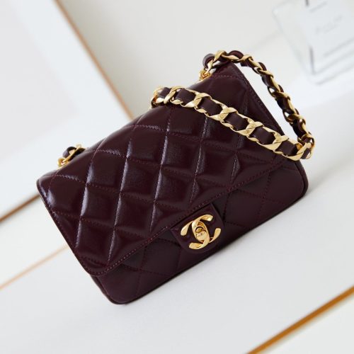 CC 24B Mini Flap Bag 20cm Burgundy Lambskin Gold Hardware