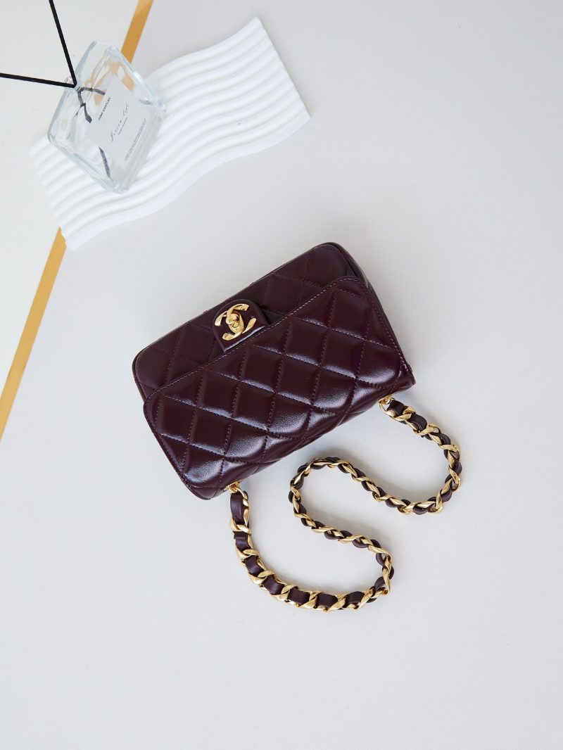 CC 24B Mini Flap Bag 20cm Burgundy Lambskin Gold Hardware