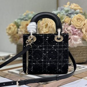 CD Lady 17cm Black Lambskin Black White Canvas