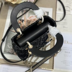 CD Lady 17cm Black Lambskin Black White Canvas