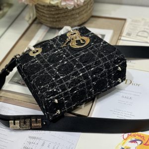 CD Lady Bag 20cm Black Lambskin Black White Canvas