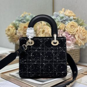 CD Lady Bag 20cm Black Lambskin Black White Canvas