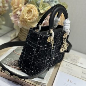 CD Lady Bag 20cm Black Lambskin Black White Canvas