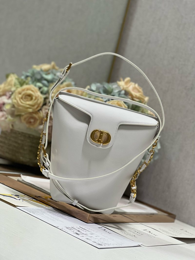 CD Montaigne Large Chain Bucket Bag White Calfskin 336797