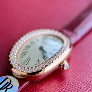 Baignoire 23mm Pink Gold Case Diamond Bezel Red Leather Strap