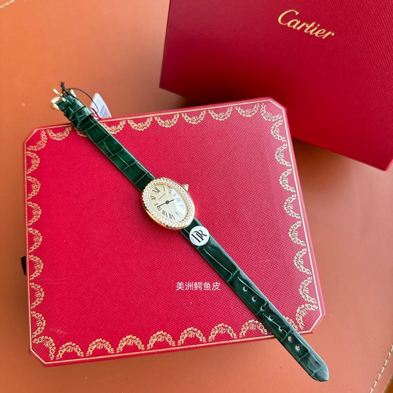 Baignoire 23mm Pink Gold Case Diamond Bezel Dark Green Leather Strap