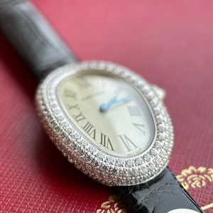 Baignoire 23mm Silver Case Diamond Bezel Black Leather Strap
