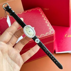 Baignoire 23mm Silver Case Diamond Bezel Black Leather Strap