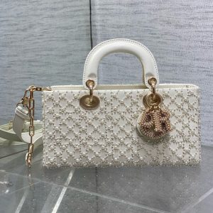 MEDIUM LADY D-JOY 26 WHITE LATTE CALFSKIN PEARL