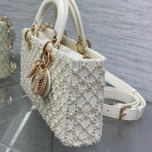 MEDIUM LADY D-JOY 26 WHITE LATTE CALFSKIN PEARL