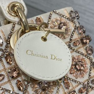 Lady D-Joy Bag 22 White Lambskin Pink Bead Embroidery