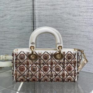 Lady D-Joy Bag 22 White Lambskin Pink Bead Embroidery