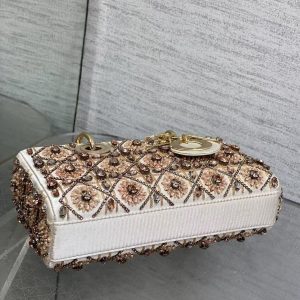 Lady D-Joy Bag 22 White Lambskin Pink Bead Embroidery